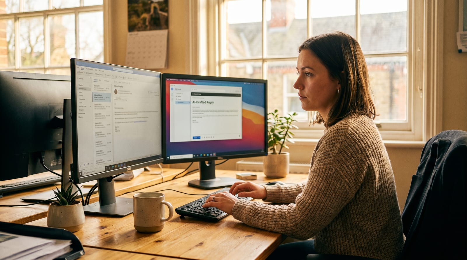 A customer-services agent at her desk reviewing an AI-drafted reply on screen, finger hovering over the send button.