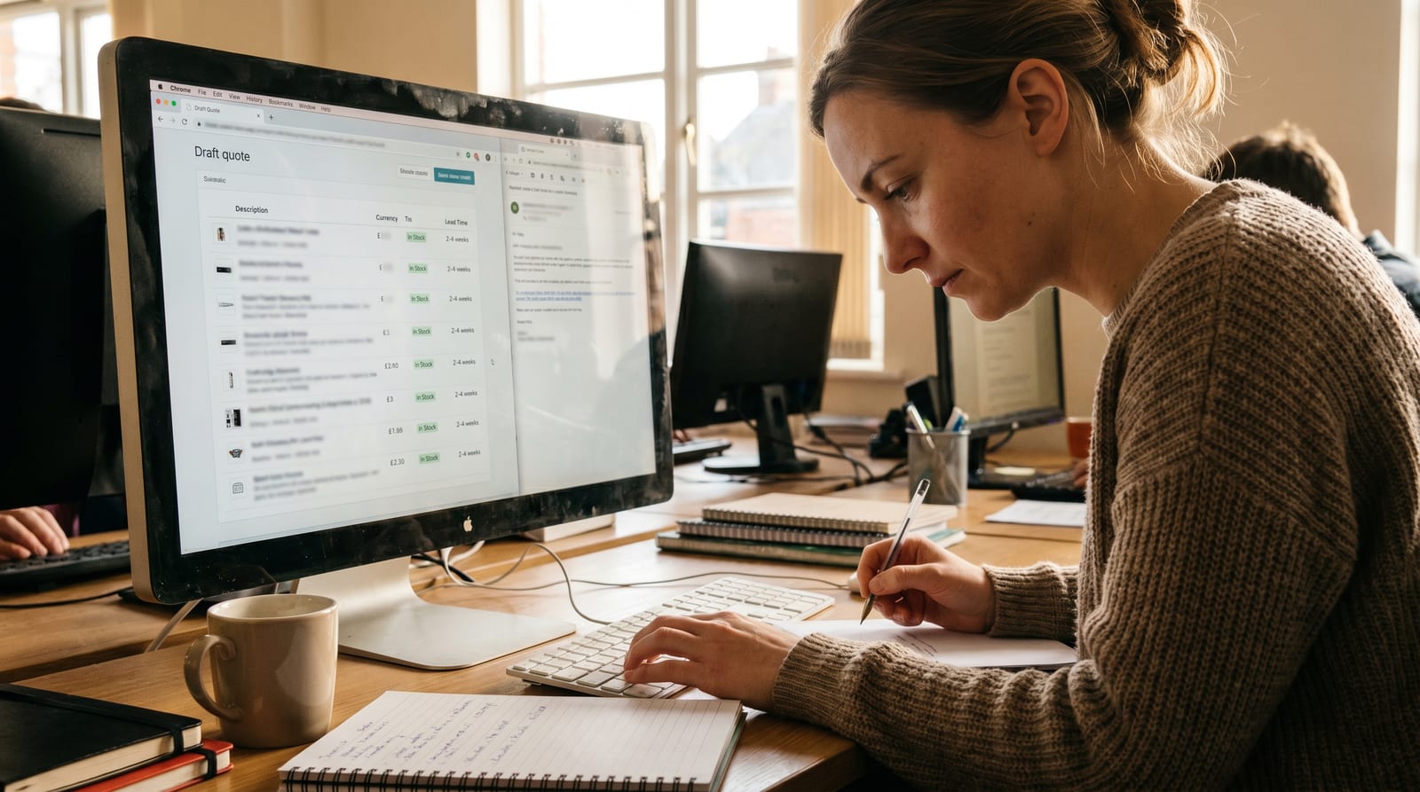 A salesperson reviewing an AI-drafted quote on screen — line items, prices, stock indicators and lead times all assembled from internal systems, ready for her to set the margin and send.