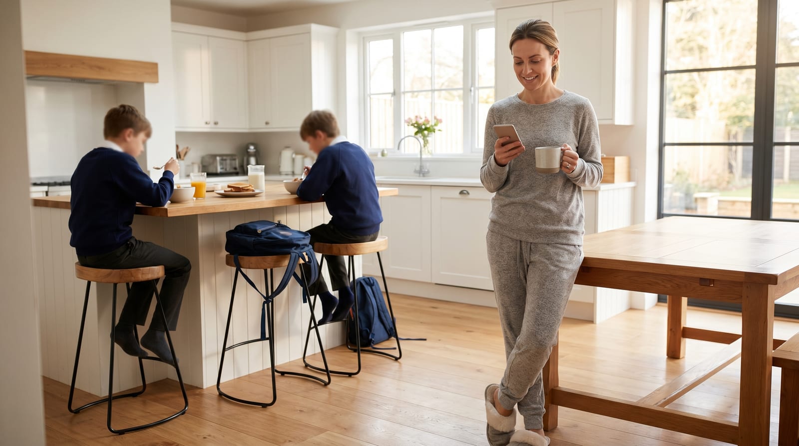 A well-presented business owner standing in a bright modern kitchen at 7am in pyjamas, checking her phone, while children in school uniform eat breakfast in the background with their faces not visible.