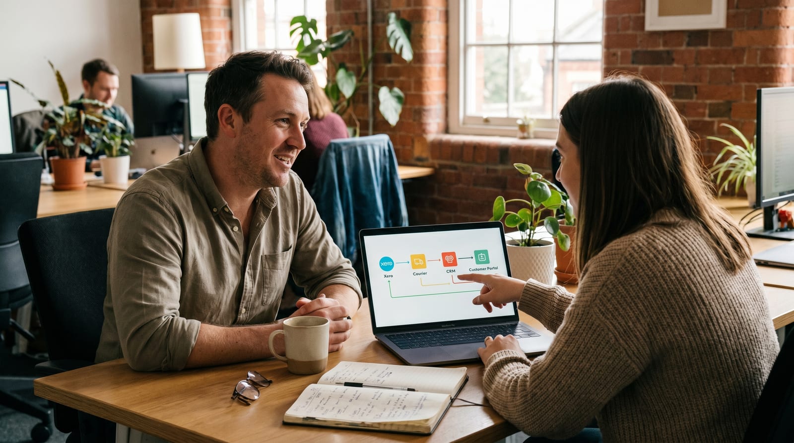 A small business owner and a developer at a desk, looking at a screen showing a clean integration diagram between named systems like Xero, a courier and a CRM.