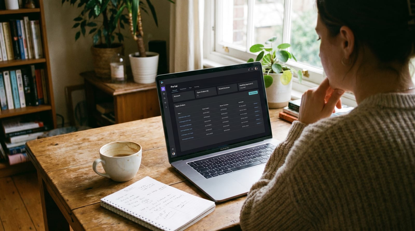 A B2B customer logged into a clean portal on her laptop, looking at her account's open orders, recent invoices and a draft quote awaiting her approval — coffee mug beside her.