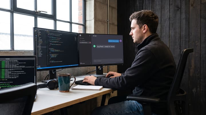 A developer at her desk with an AI coding assistant open beside her IDE, terminal showing a green test run, while a Slack notification about a fixed bug sits on a second monitor.