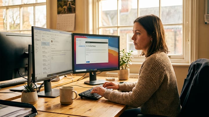 A customer-services agent at her desk reviewing an AI-drafted reply on screen, finger hovering over the send button.