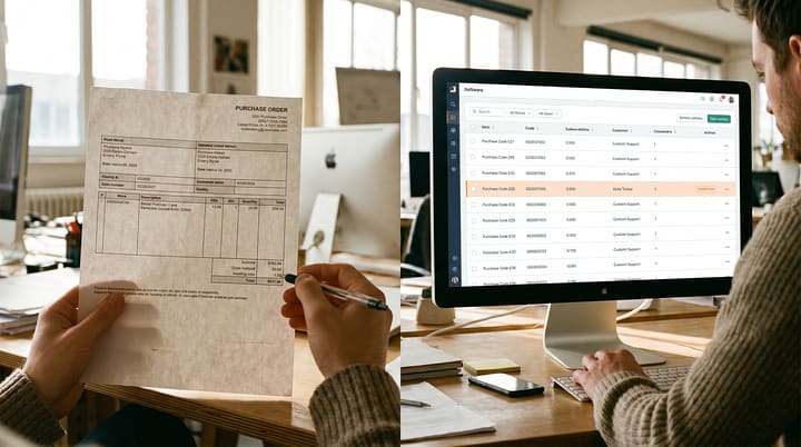 A scanned purchase order on the left of a monitor, beside a clean structured-data view of the same document — line items extracted, products matched against the catalogue, exceptions flagged.