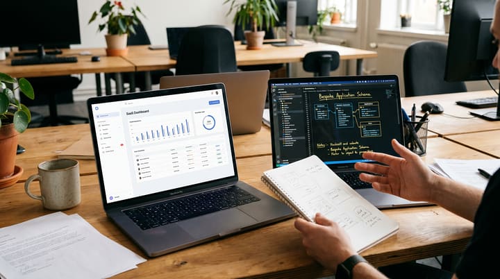 Two laptop screens side by side: one showing a generic SaaS dashboard, the other a bespoke web app — the build-vs-buy decision in physical form.