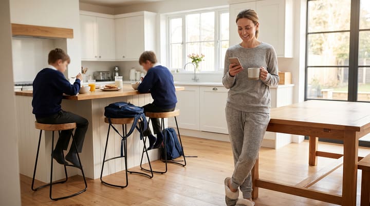 A well-presented business owner standing in a bright modern kitchen at 7am in pyjamas, checking her phone, while children in school uniform eat breakfast in the background with their faces not visible.