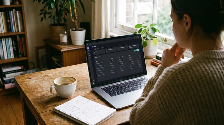 A B2B customer logged into a clean portal on her laptop, looking at her account's open orders, recent invoices and a draft quote awaiting her approval — coffee mug beside her.