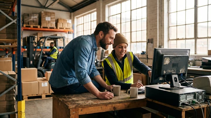 A developer perched on a workbench in a warehouse beside a picker at her terminal, both leaning toward the screen mid-conversation, two mugs of tea between them.