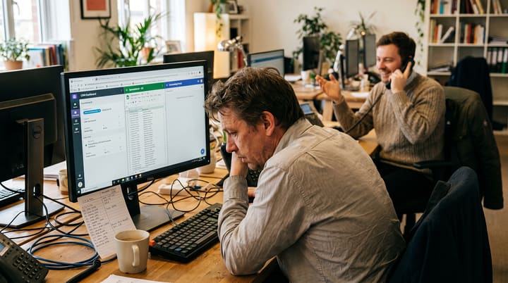 An operations team member at her desk with three browser tabs open and a printed spreadsheet beside her, while a colleague in the background works on a customer call with a headset.