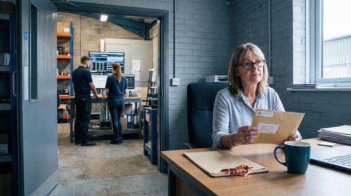 A small business owner at her desk reading a letter about rising employer costs, while through an open door her operations team works efficiently at screens in a busy warehouse office.