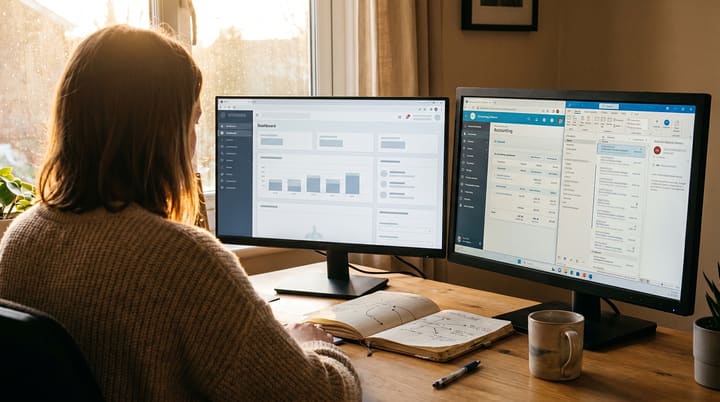 A business owner at her desk with two browser windows — a polished AI-generated app prototype on one screen, and her actual Xero and email on the other, pen in hand making notes.