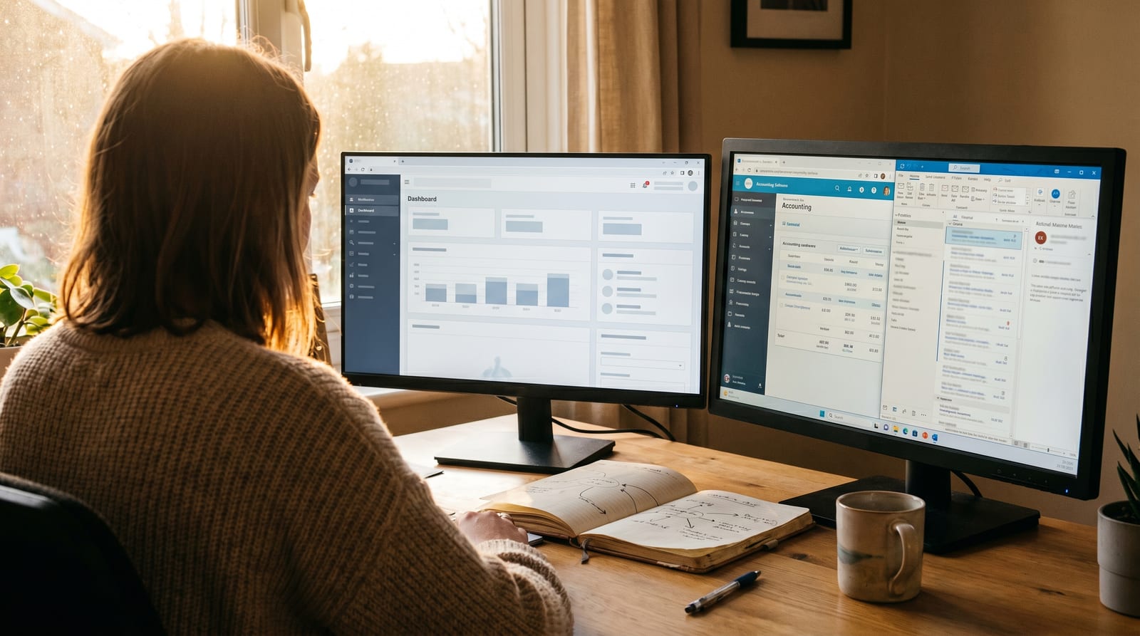 A business owner at her desk with two browser windows — a polished AI-generated app prototype on one screen, and her actual Xero and email on the other, pen in hand making notes.