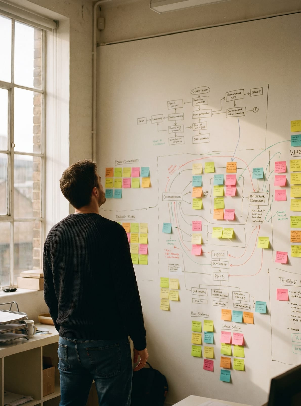 A developer standing at a wall covered in process diagrams and post-its from a discovery workshop.