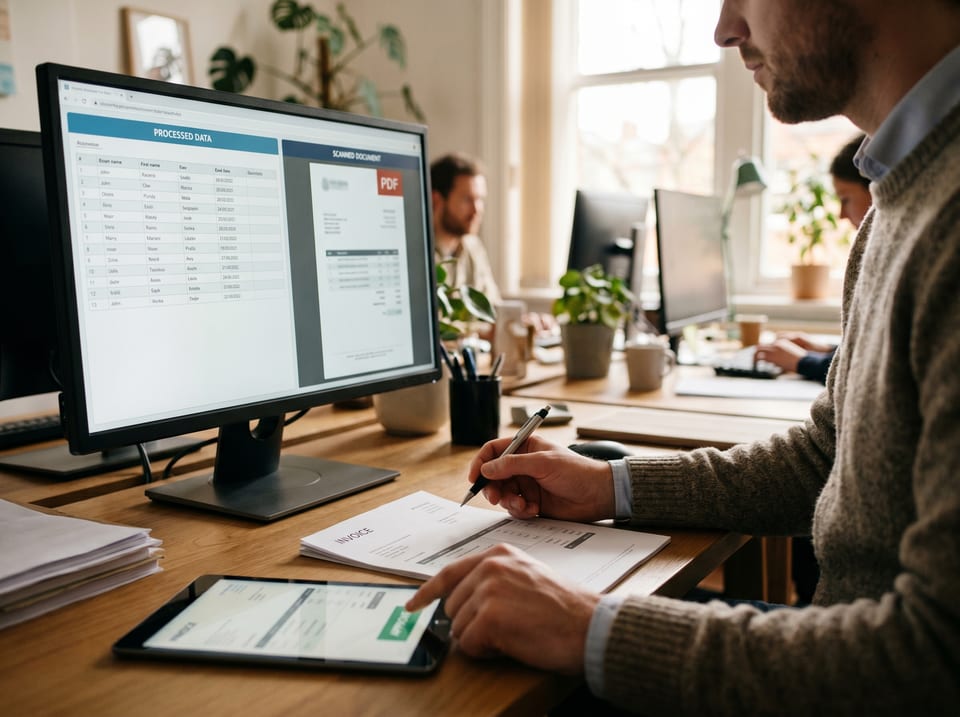 An operations team member reviewing AI-extracted invoice line items on a screen, pen in hand to approve them.