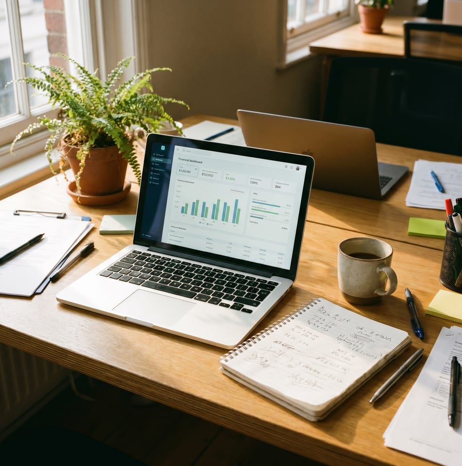 A laptop on a desk showing a finance dashboard with charts, beside a coffee and a notebook.