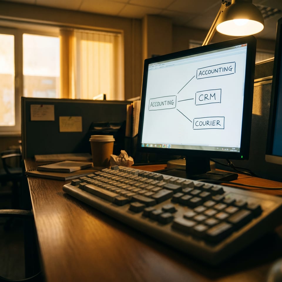 A monitor showing a connection diagram between several business systems.