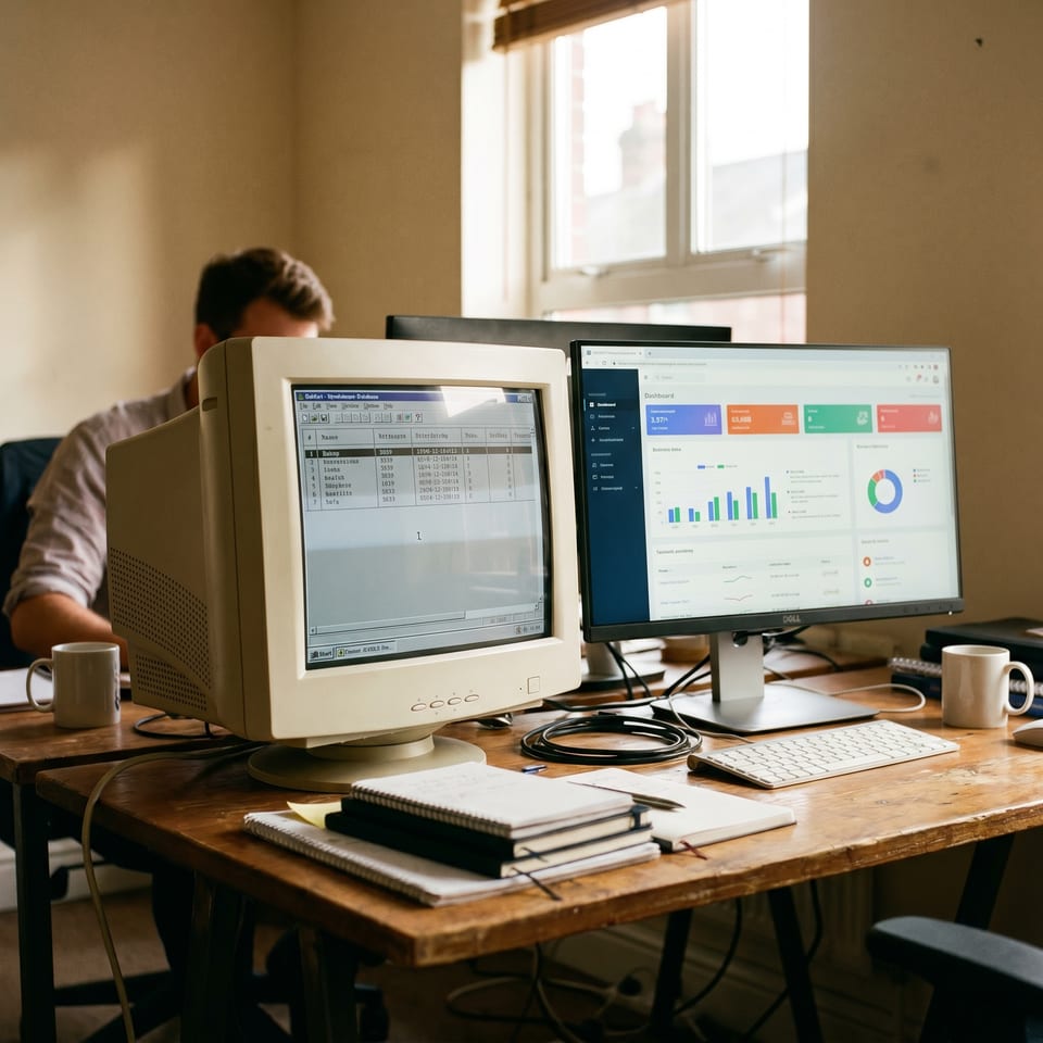 An old beige desktop running a 1990s-style database application beside a modern laptop showing a clean web app version.