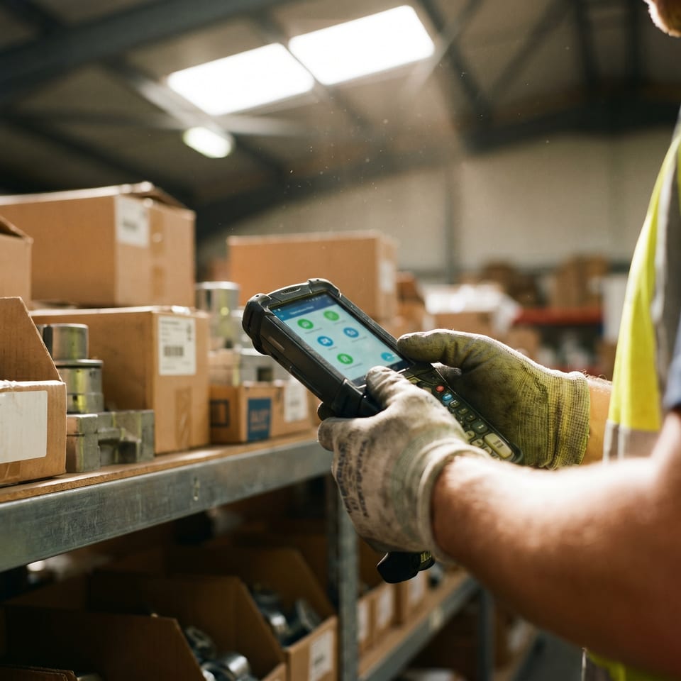 A warehouse picker scanning items into a bespoke operations app on a handheld device.