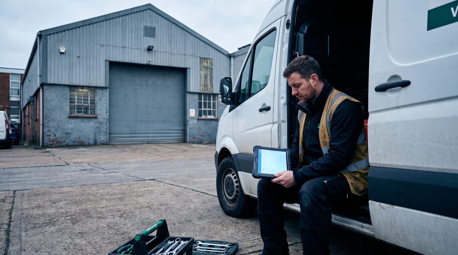 Field engineer in a van reviewing today’s jobs on a rugged tablet.
