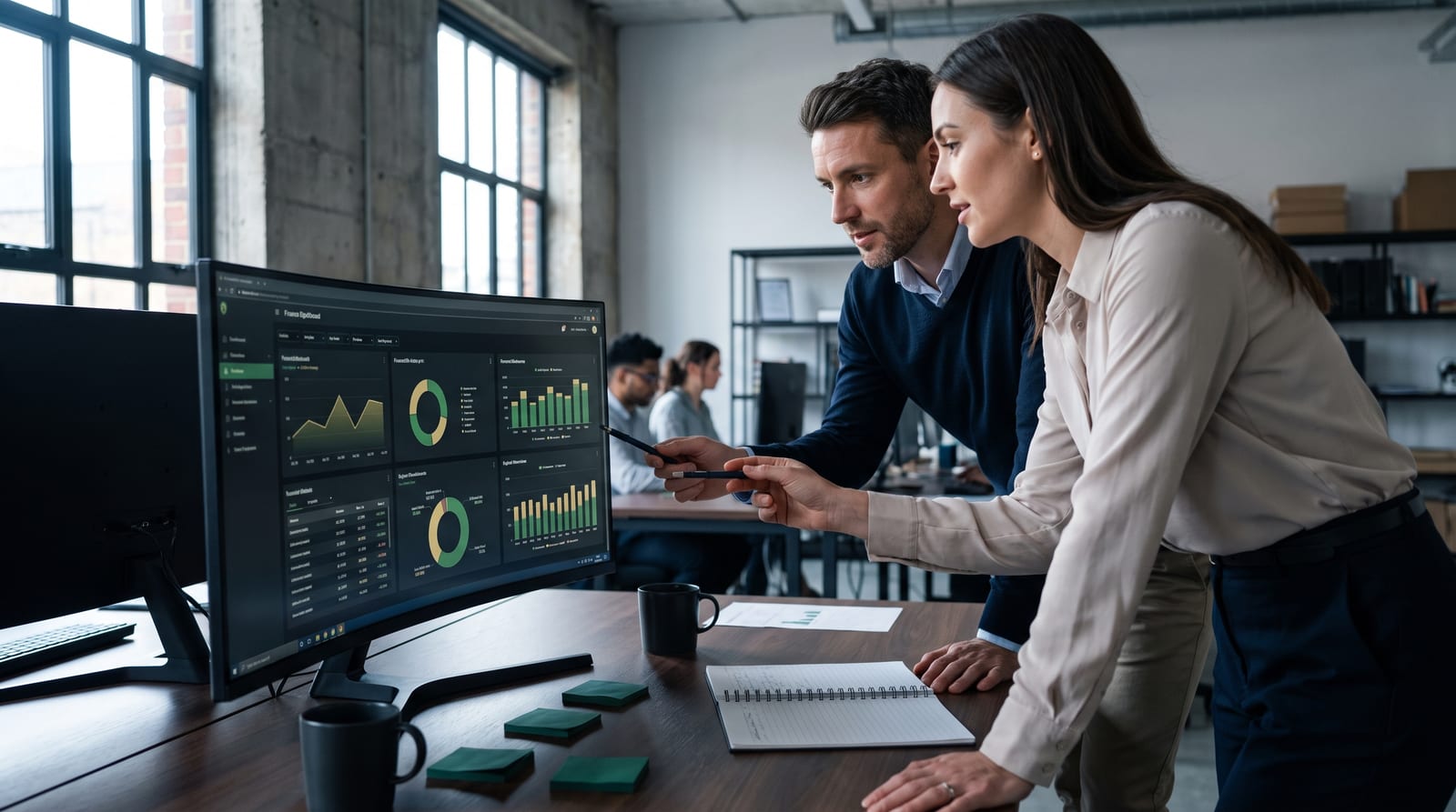 Finance colleagues reviewing live margin dashboards on a shared monitor.