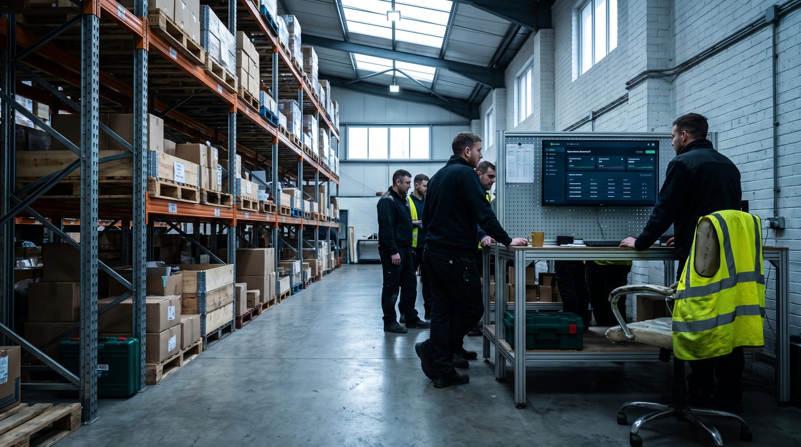 Warehouse aisle with operators at standing workstations using an operations screen.