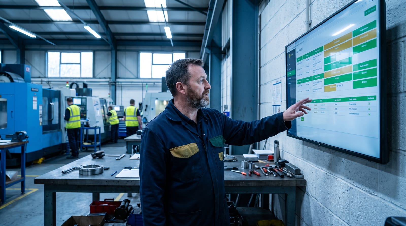 Manufacturing workshop with a supervisor reviewing a job schedule on a wall-mounted screen.