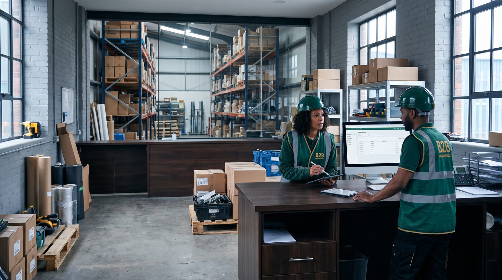 Wholesale counter and warehouse beyond, with a trade portal on a screen at the desk.
