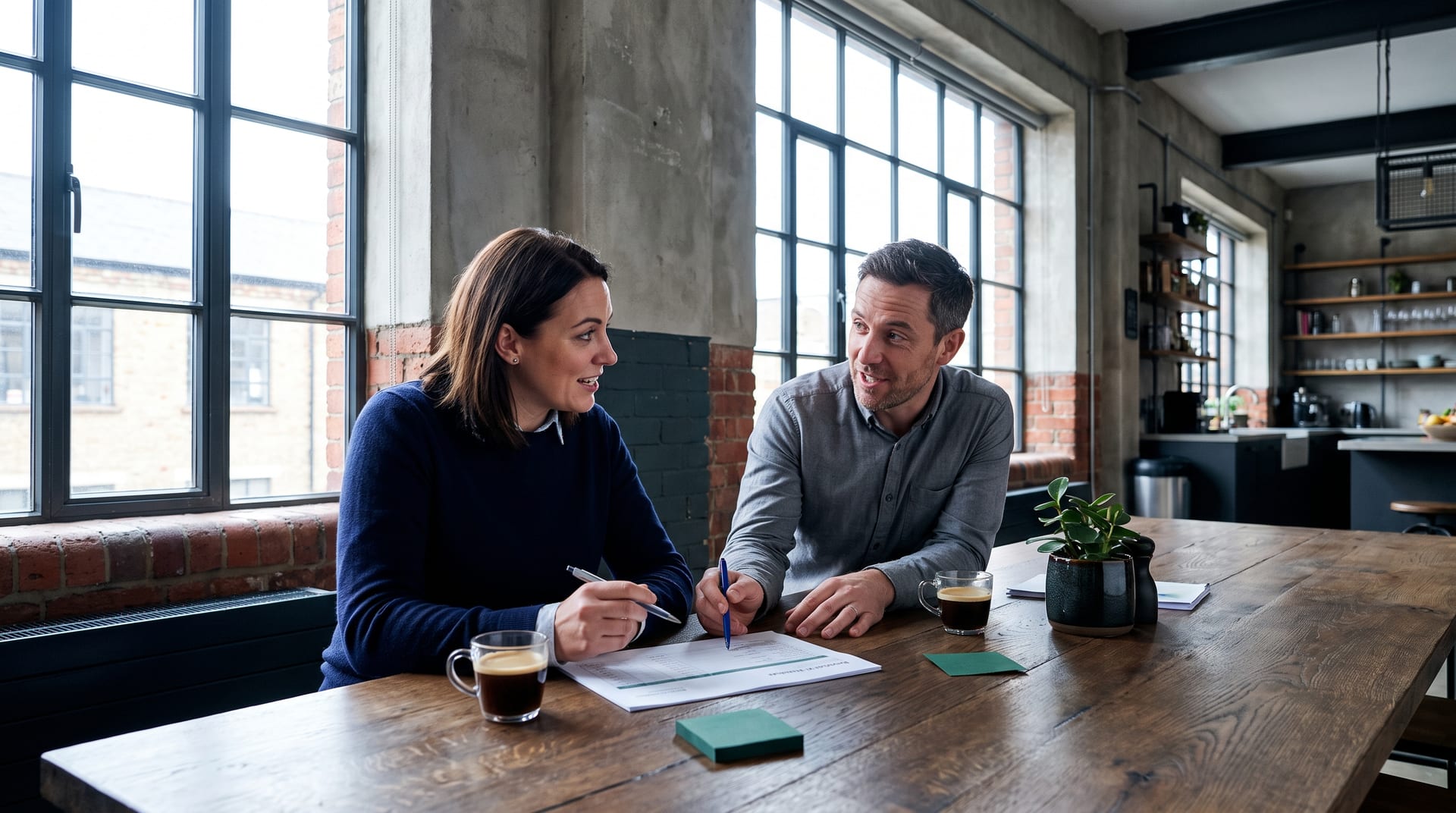 Two people at a kitchen table reviewing a printed estimate together over coffee.