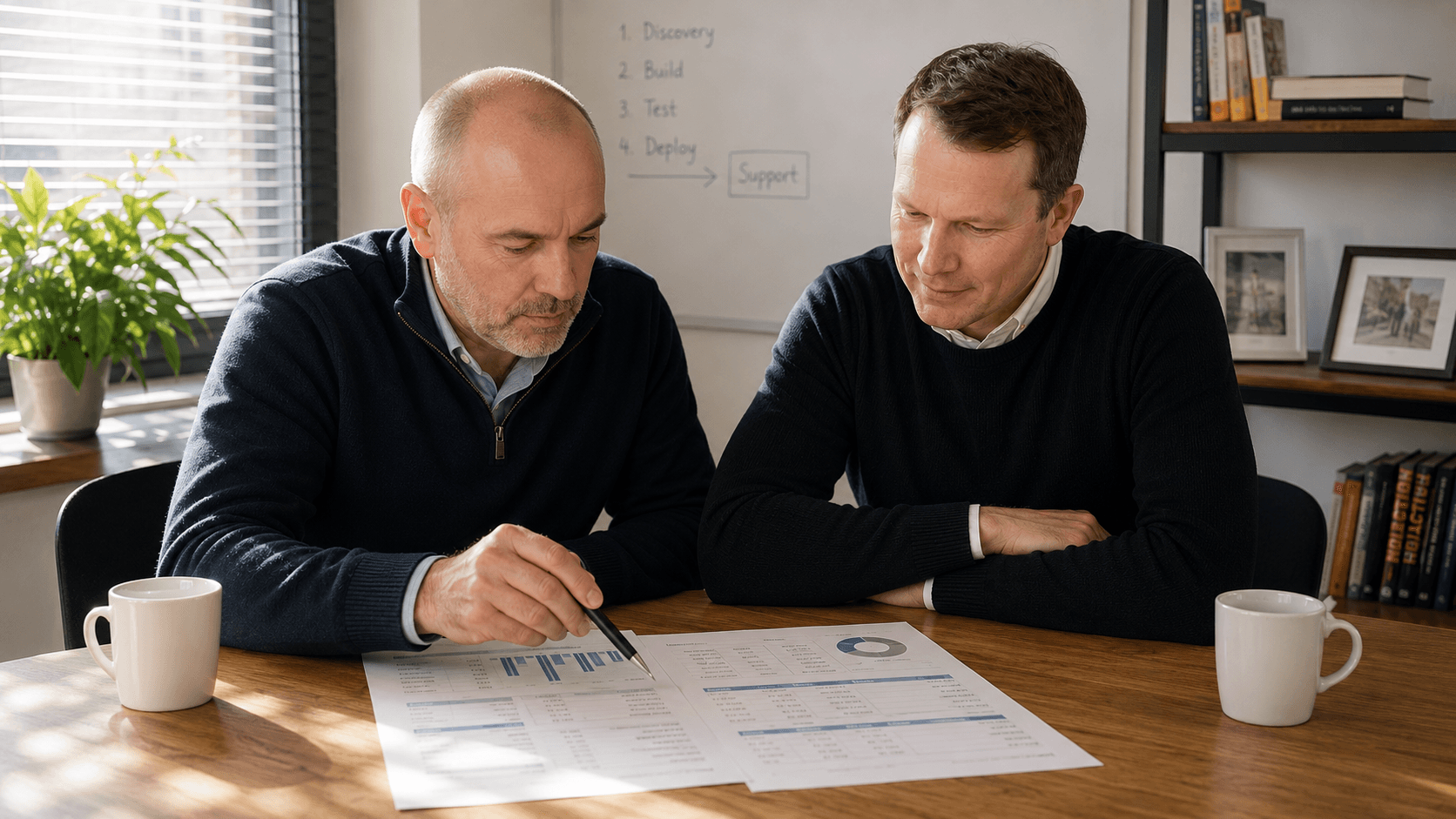Two people at a kitchen table reviewing a printed estimate together over coffee.