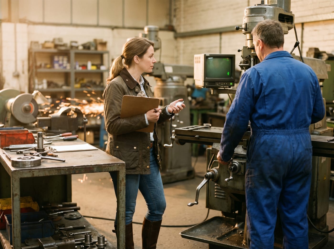 A developer with a clipboard on a workshop floor, observing a machinist at work.
