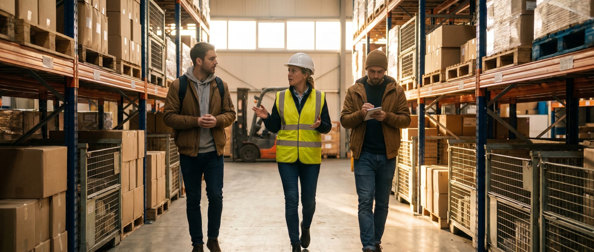 A wide photo down a warehouse aisle of an operations lead walking with two developers who are listening and taking notes.