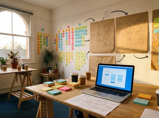 An empty project room with a post-it wall and a prototype laptop on a trestle table.