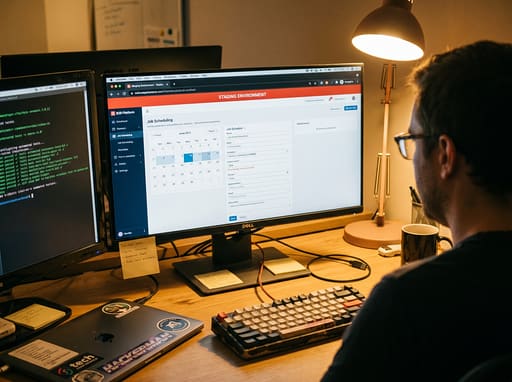 A staging environment on a monitor with passing automated tests on a second screen.