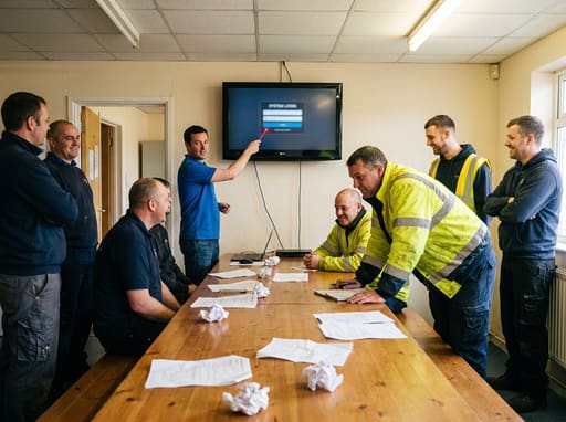 Go-live training in a canteen with the new system on a wall-mounted screen.