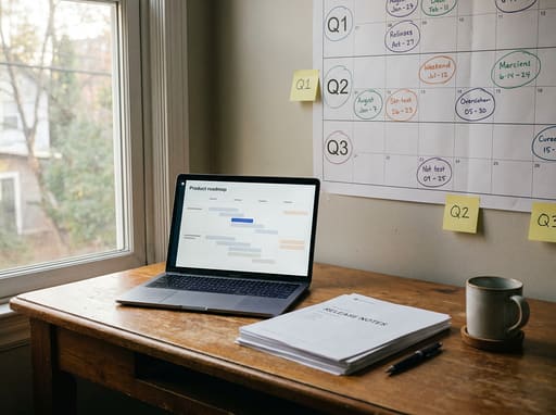 An office wall planner and desk with a laptop roadmap and release notes.