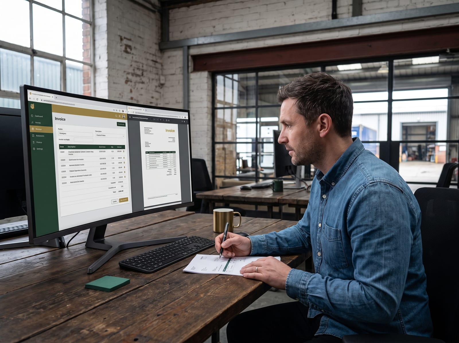 An operations team member reviewing AI-extracted invoice line items on a screen, pen in hand to approve them.