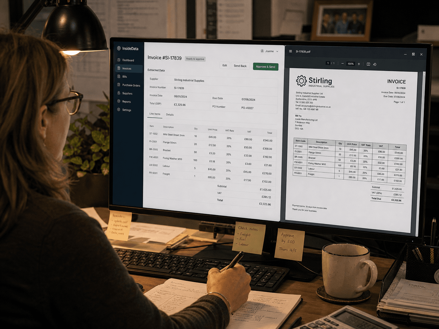 An operations team member reviewing AI-extracted invoice line items on a screen, pen in hand to approve them.