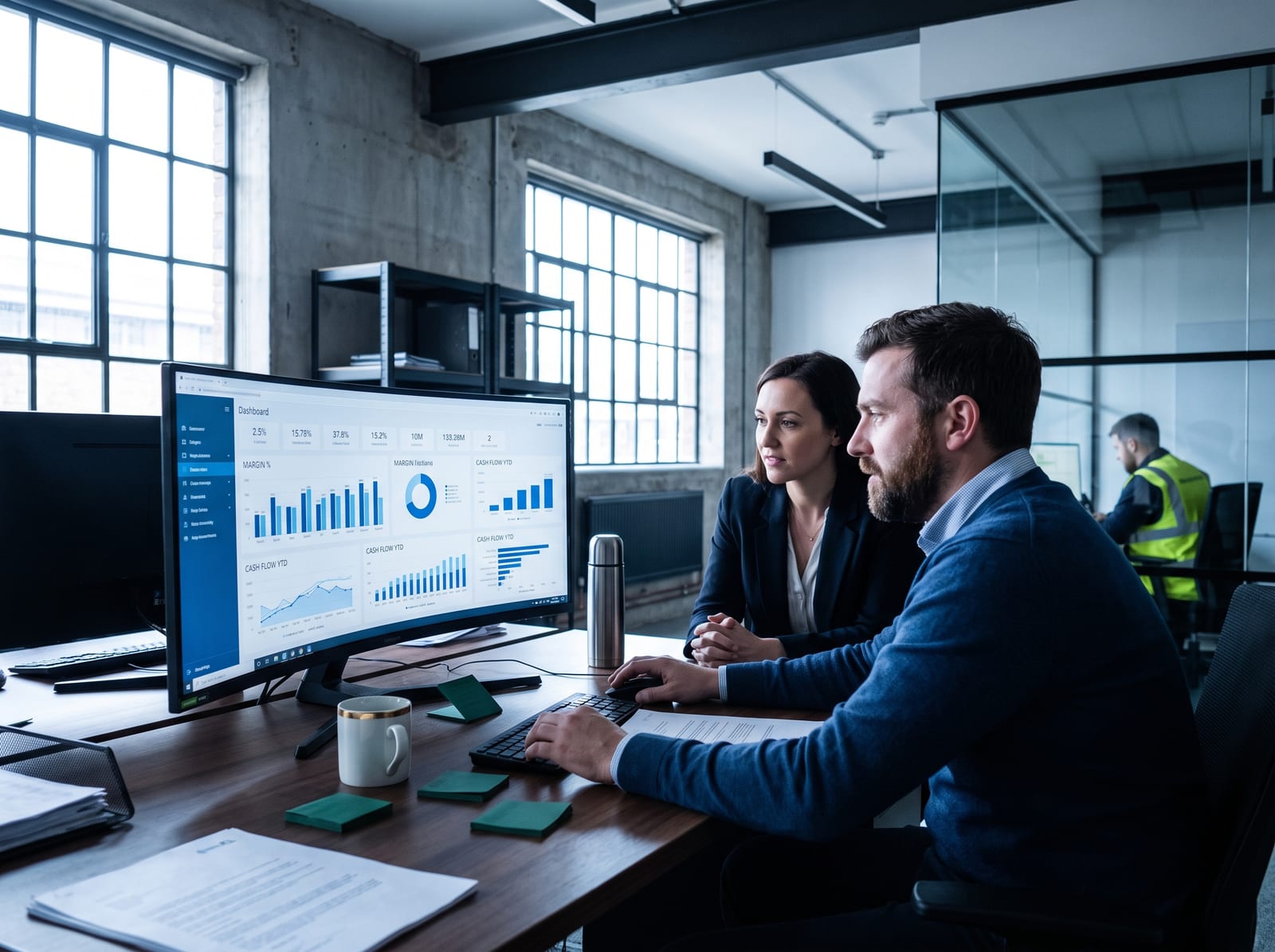A finance team reviewing live margin dashboards on a large monitor during a Monday morning meeting.