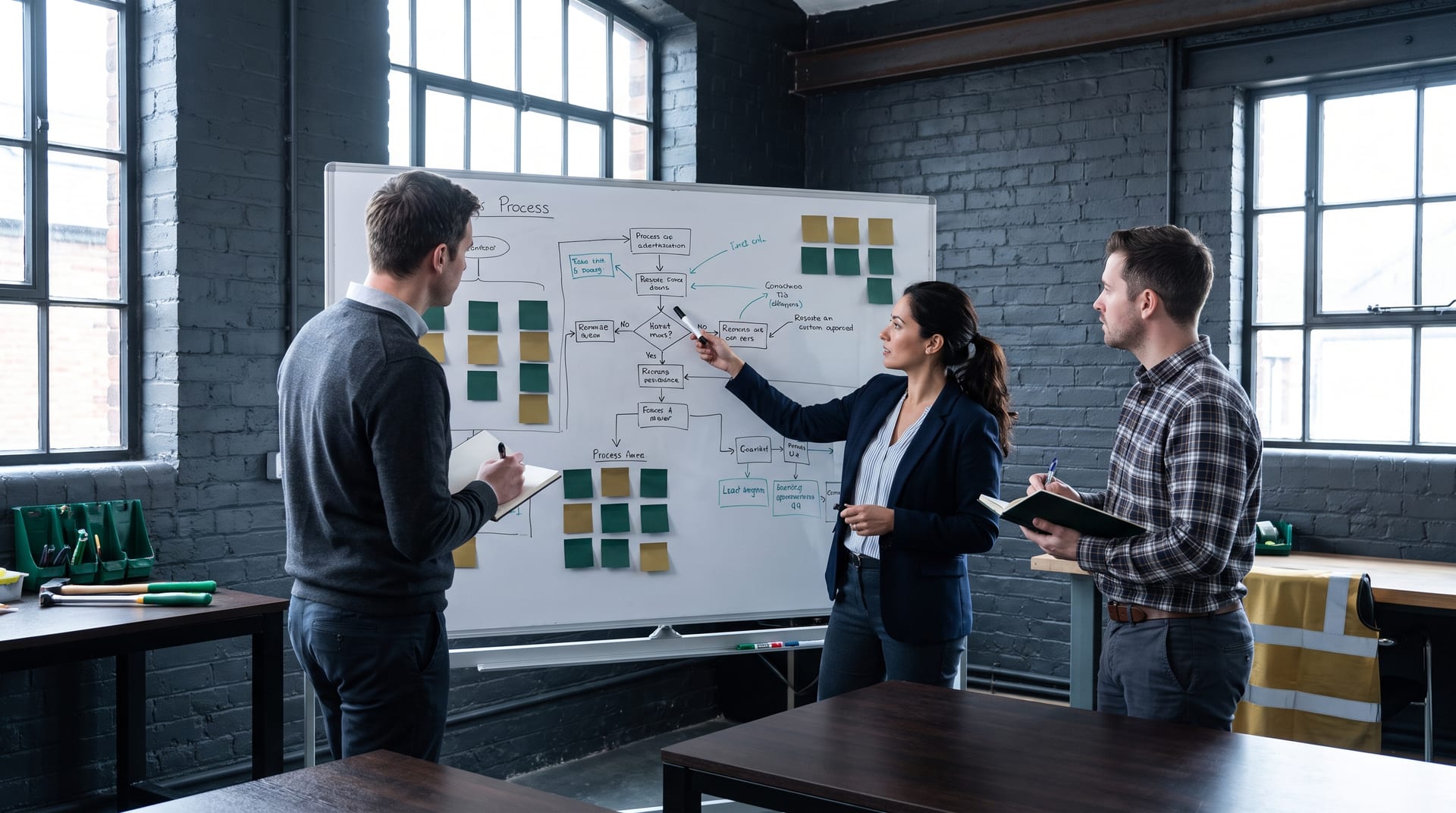The InsideData team mid-discovery: laptops open, post-its on a wall behind, someone gesturing at a process diagram.