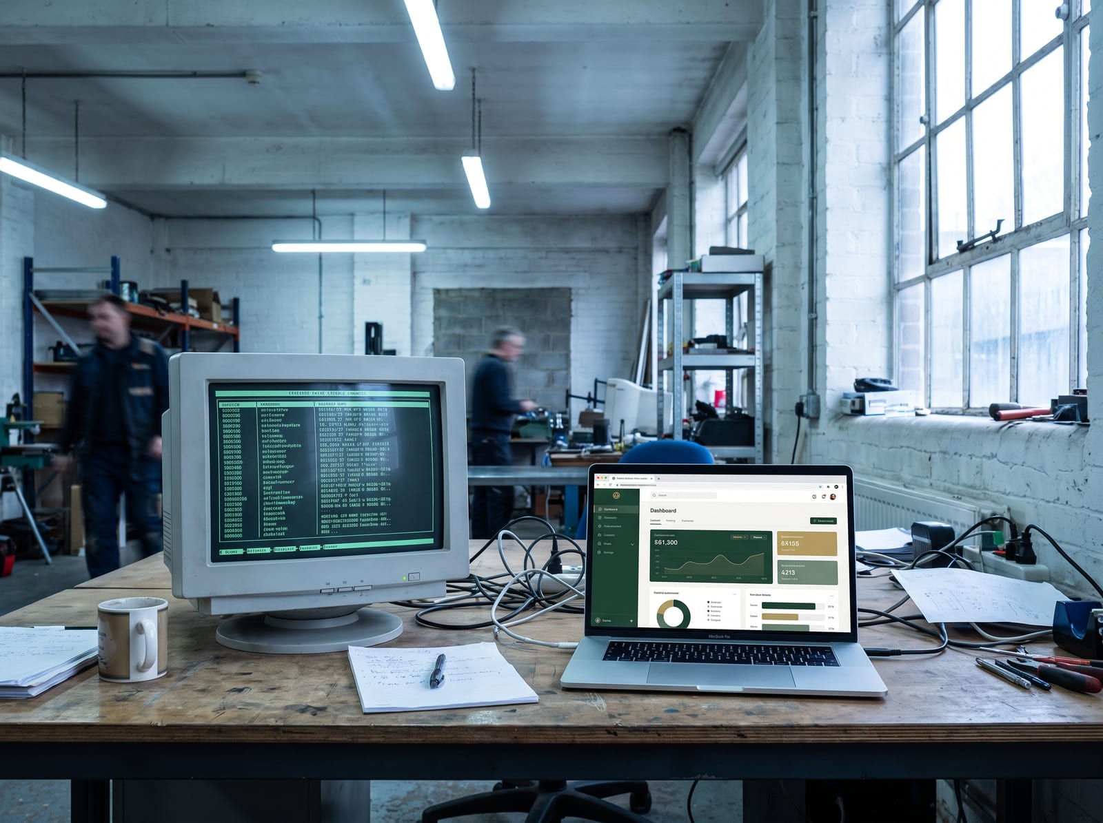 A side-by-side desk setup with a vintage Microsoft Access database on one screen and the modern Laravel rebuild on the other.