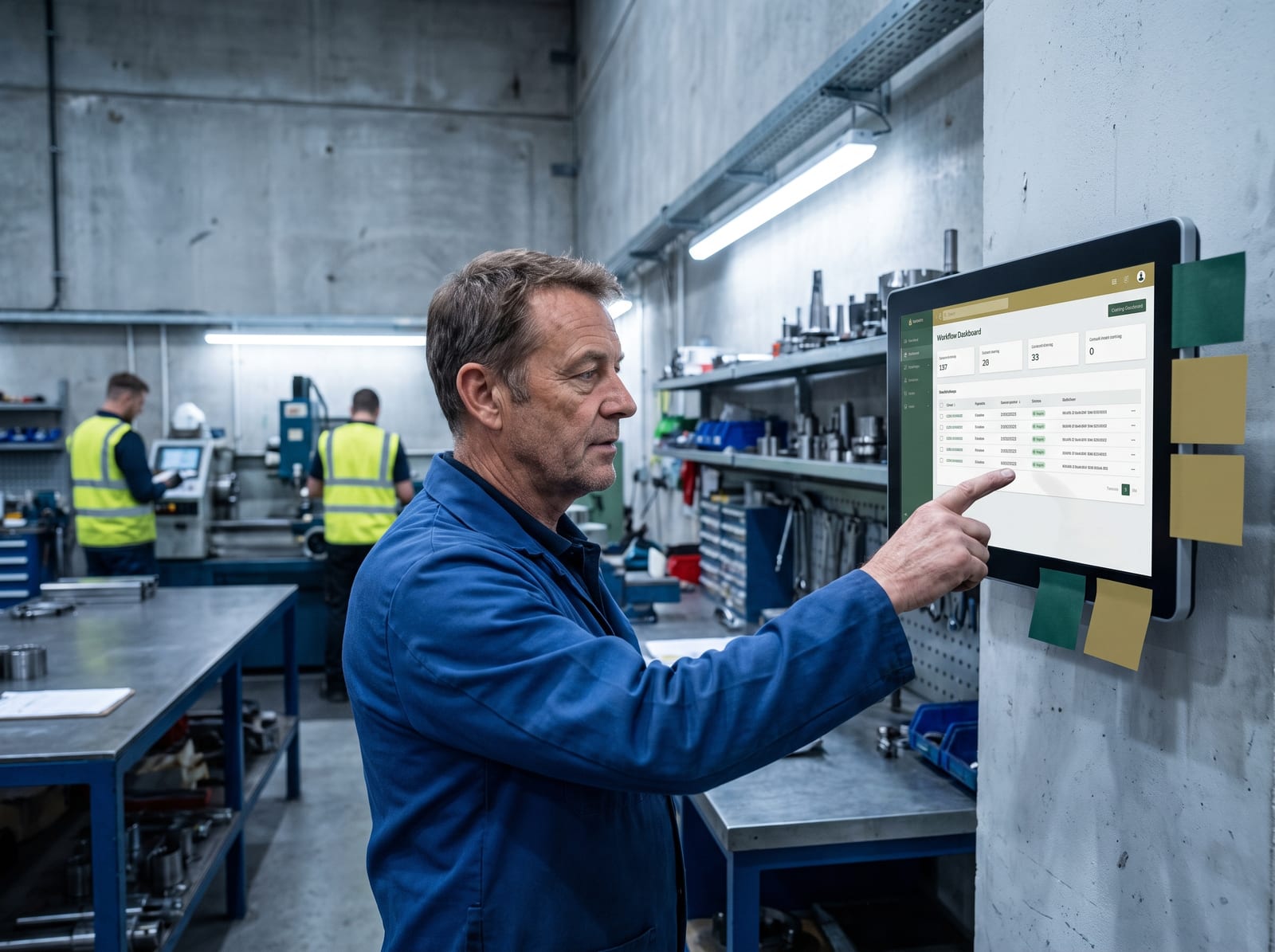 An operations manager reviewing today’s job board on a wall-mounted screen in a workshop.