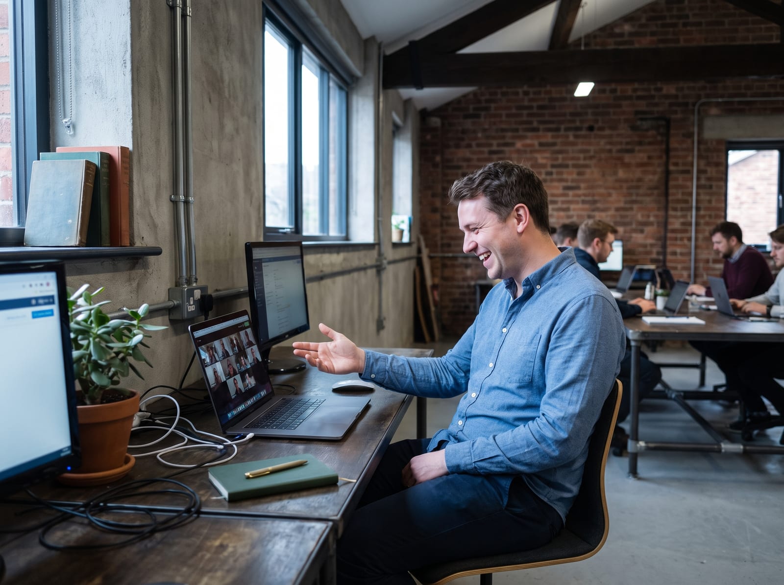 A senior developer on a video call with a long-standing client, both laughing about something on screen.