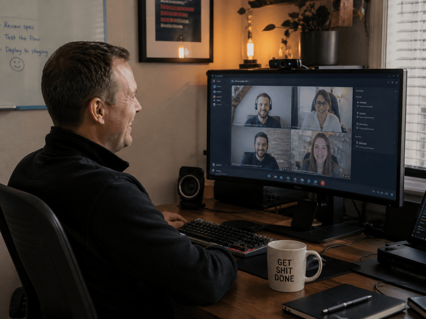 A senior developer on a video call with a long-standing client, both laughing about something on screen.