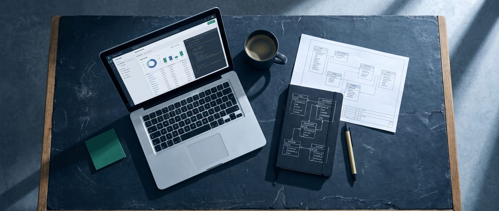 A workbench-style flat lay of the tools we use: an open laptop showing a Laravel app, a notebook of schema sketches, a coffee, a printout of a diagram.