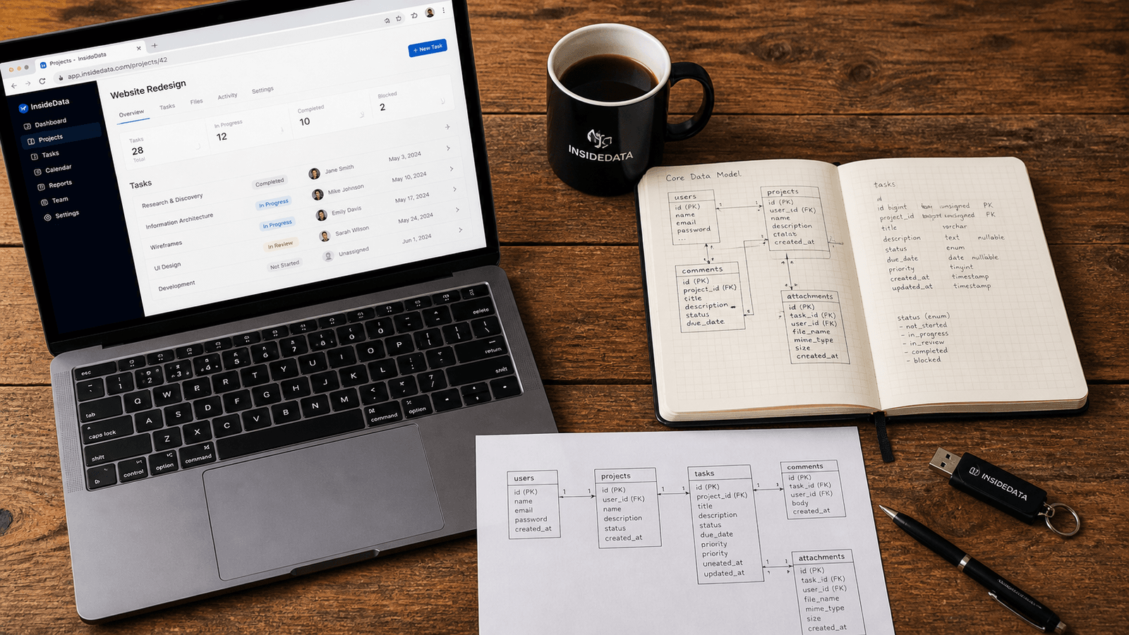 A workbench-style flat lay of the tools we use: an open laptop showing a Laravel app, a notebook of schema sketches, a coffee, a printout of a diagram.